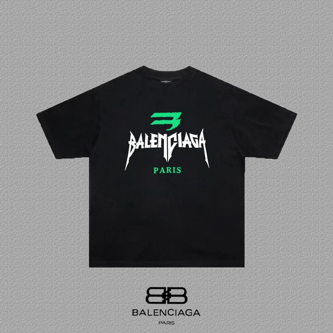 P80✨🔥 BALENCIAGA Paris lettering printed short-sleeved T-shirt, custom-woven and dyed 280g combed cotton heavyweight fabric, zero color difference in thread, perfect details, different from the current version on the market, welcome to compare, Same Style for men and women, must-sell in the picture above Color: White Black Size: 1 2 3 4